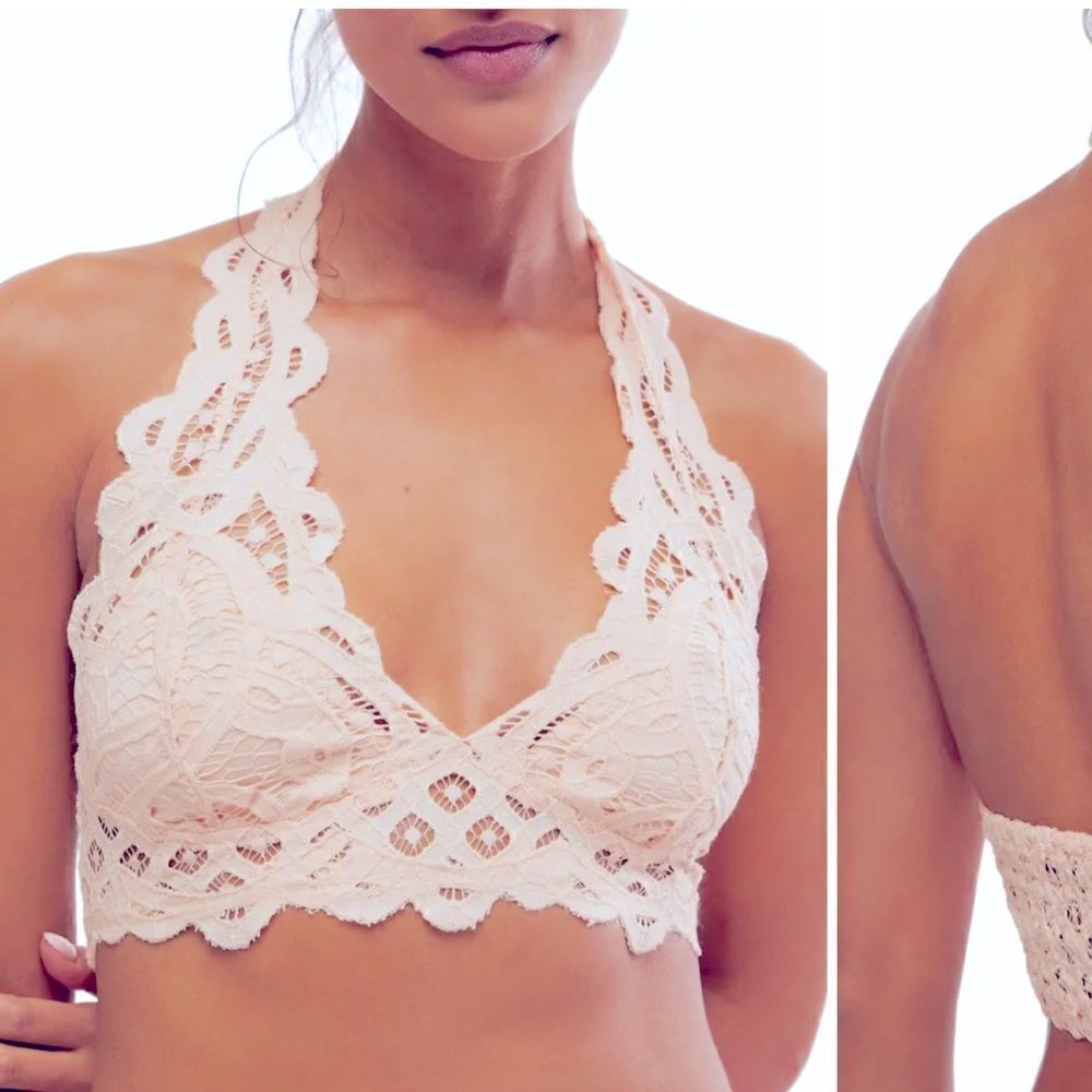 NWT Free People Adella Lace Halter Bralette Lace Scallop Pull- On Backless White